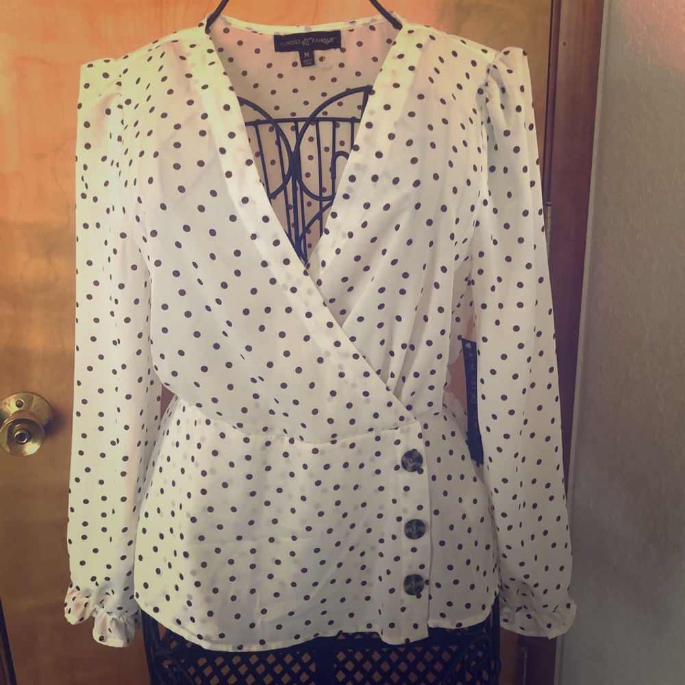 White and brown polka dot blouse